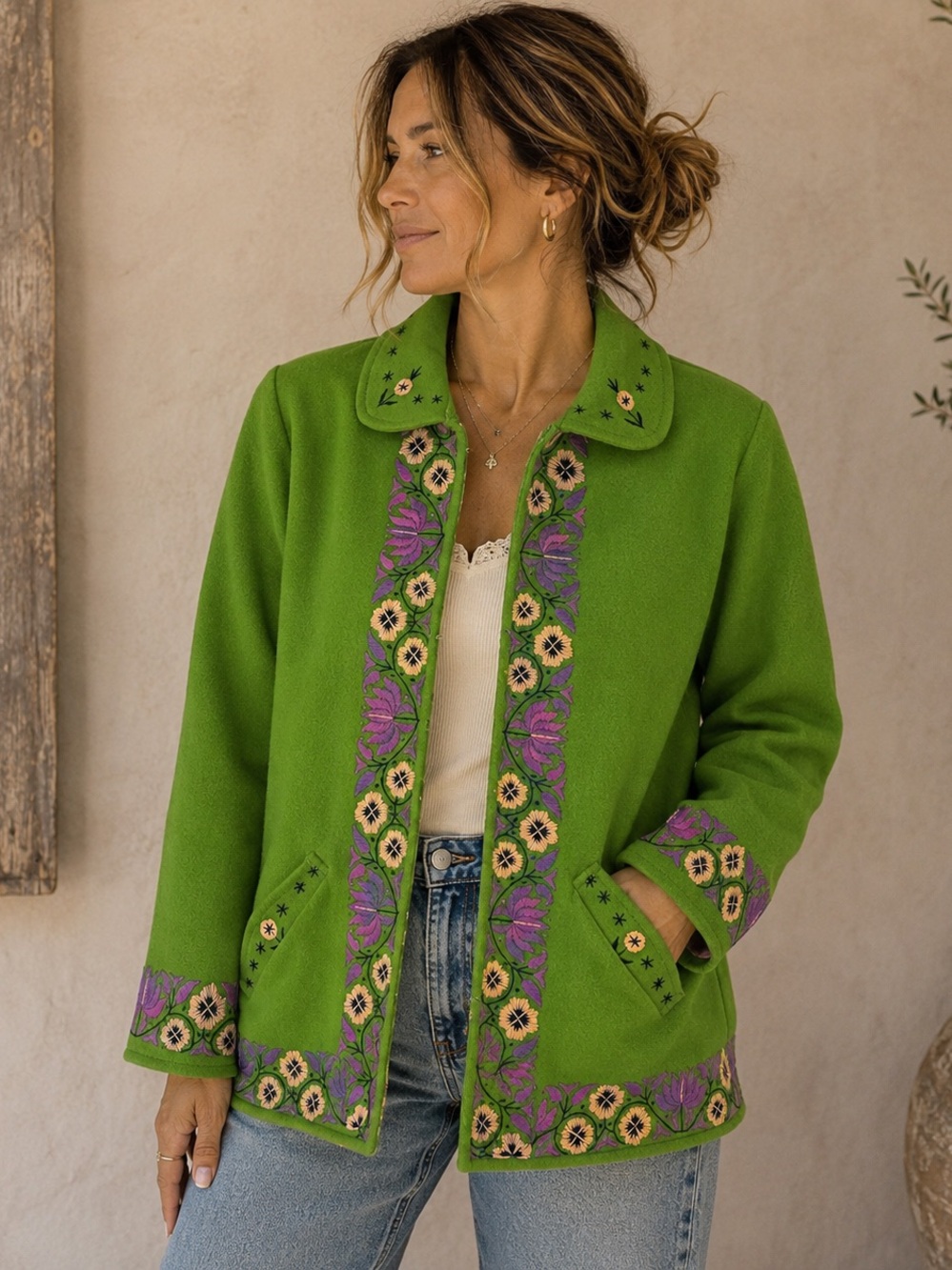 Vintage Embroidered Wool Jacket Green Purple Floral Folk Art